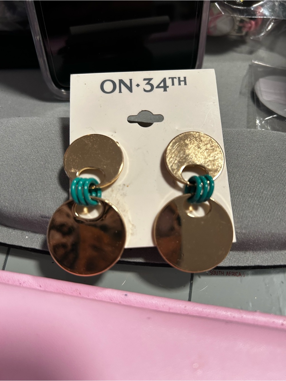 ON·34TH Gold Drop Earrings with Teal Accent Rings